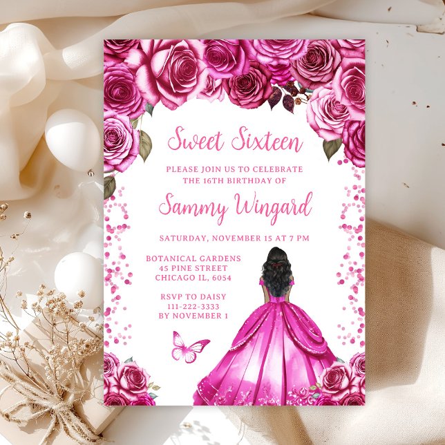 Fuchsia Pink Dark Skin Princess Sweet Sixteen Invitation (Creator Uploaded)