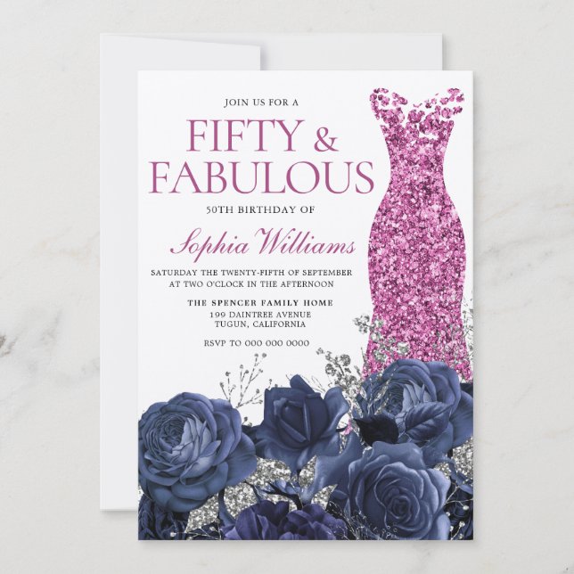  Fuchsia Pink Dress Navy Silver 50th Birthday Invitation (Front)