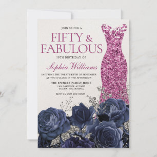 Fuchsia Pink Dress Navy Silver 50th Birthday Invitation