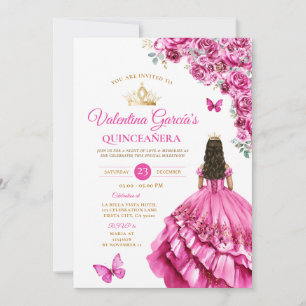 Fuchsia Pink Dress Quinceañera 15 Anos Floral Gold Invitation