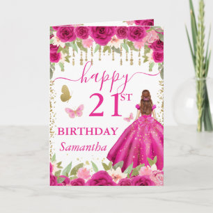 Fuchsia Pink Dress Red Haired Princess Birthday Card