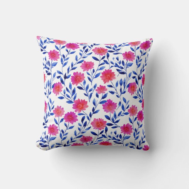 Fuchsia Pink Elegant Spring Flowers Watercolor Cushion (Front)