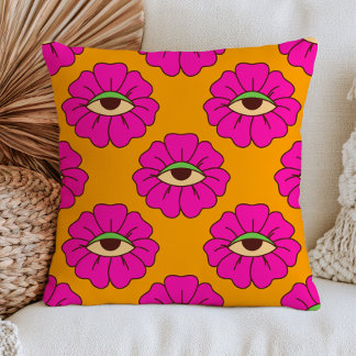 Fuchsia Pink Evil Eye Flowers on Burnt Orange Cushion