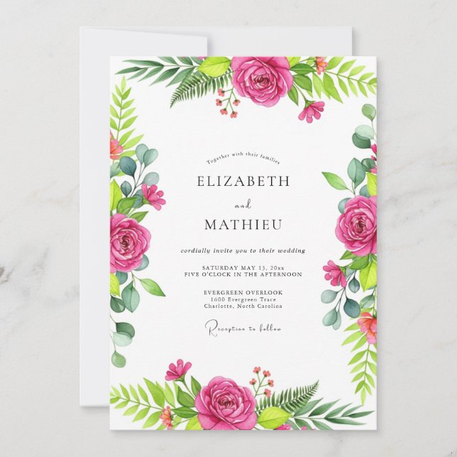 Fuchsia Pink Exuberant Botanical Wedding Invitation (Front)