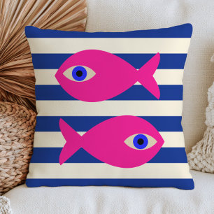 Fuchsia Pink Fish on Blue Stripes Modern Nautical  Cushion
