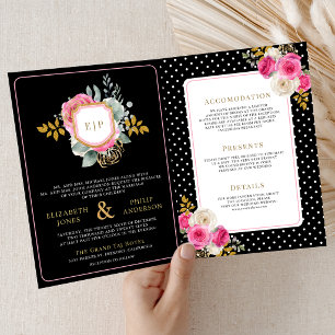 Fuchsia Pink Floral All in One Crest Black Wedding Invitation