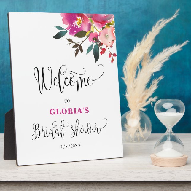 Fuchsia Pink Floral  Bridal Shower Welcome  Plaque (Side)