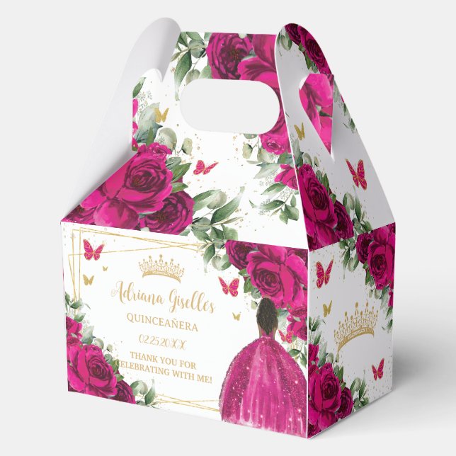 Fuchsia Pink Floral Brown Girl Sweet Quinceañera  Favour Box (Front)