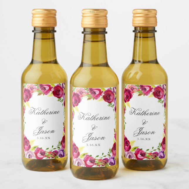 Fuchsia Pink Floral Chic Personalised Wedding Mini Wine Label (Bottles)