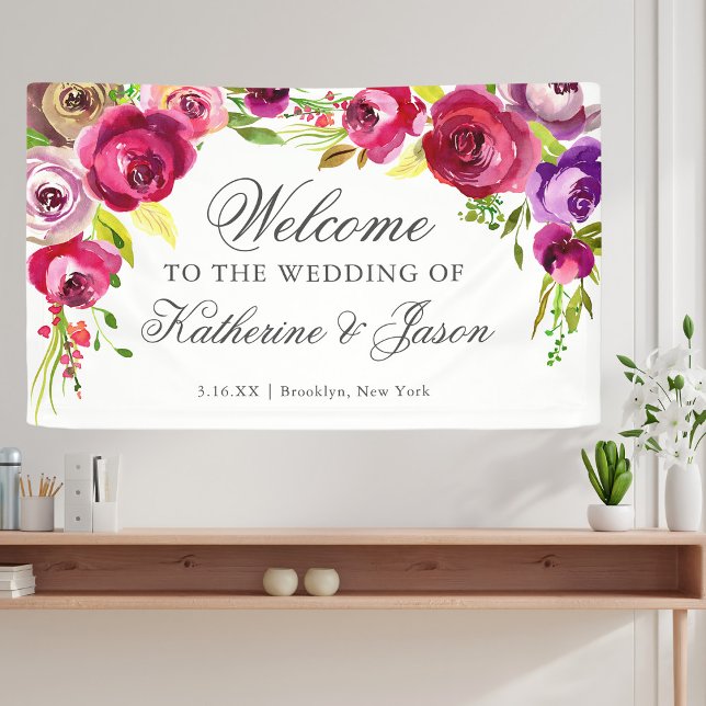 Fuchsia Pink Floral Chic Romantic Wedding Welcome Banner (Creator Uploaded)