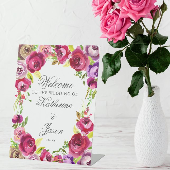 Fuchsia Pink Floral Chic Romantic Wedding Welcome Pedestal Sign (Creator Uploaded)