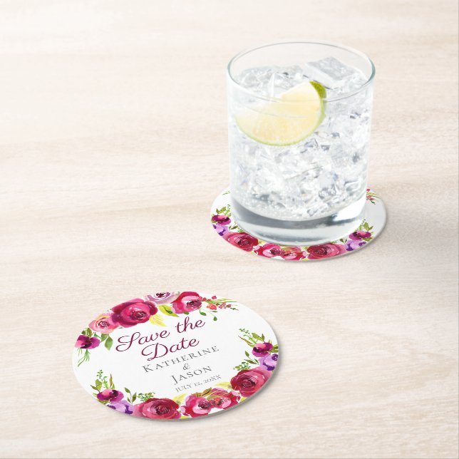 Fuchsia Pink Floral Garden Save the Date Round Paper Coaster (Insitu)
