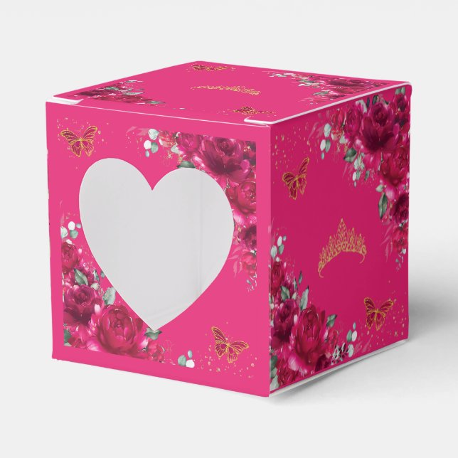 Fuchsia Pink Floral Gold Quinceanera 15 16 XV Mini Favour Box (Front Side)