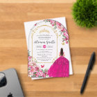 Fuchsia Pink Floral Gold Quinceañera Sweet 16 XV
