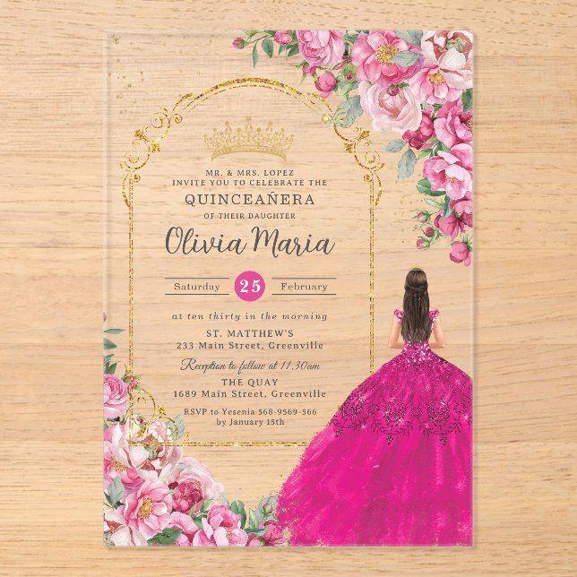 Fuchsia Pink Floral Gold Quinceañera Sweet 16 XV Acrylic Invitations (Front)