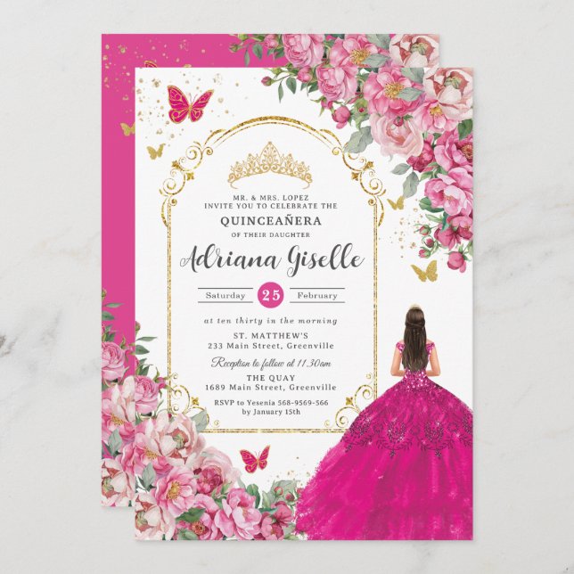 Fuchsia Pink Floral Gold Quinceañera Sweet 16 XV Invitation (Front/Back)