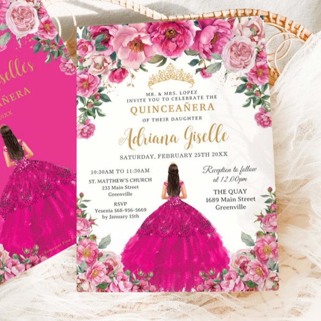 Fuchsia Pink Floral Gold Quinceanera XV Sweet 16 Invitation (Creator Uploaded)