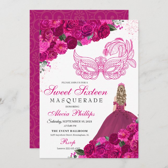 Fuchsia Pink Floral Masquerade Sweet 16 Invitation (Front/Back)