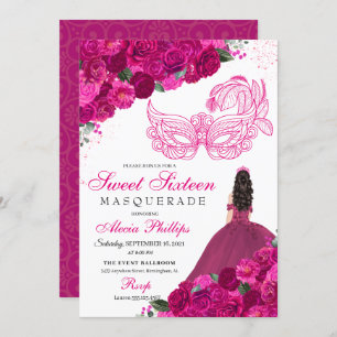 Fuchsia Pink Floral Masquerade Sweet 16 Invitation