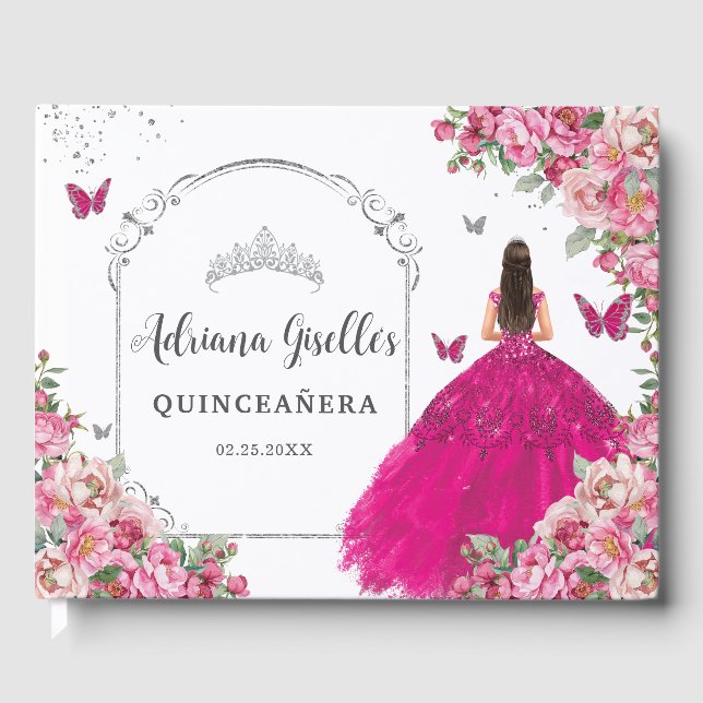Fuchsia Pink Floral Princess Silver Quinceañera  Guest Book (Front)