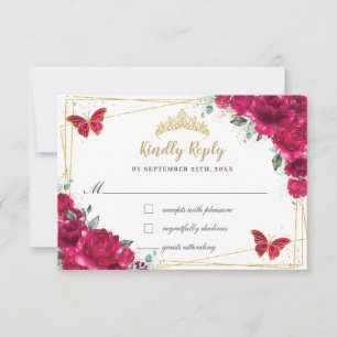 Fuchsia Pink Floral Quinceañera Butterflies Reply RSVP Card