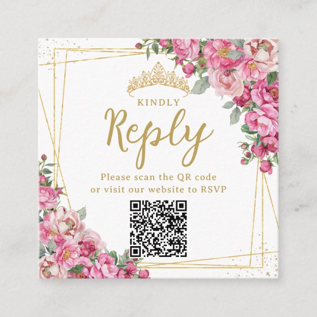 Fuchsia Pink Floral Quinceanera Sweet 16 RSVP QR Enclosure Card (Front)