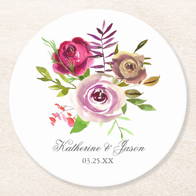 Fuchsia Pink Floral Romantic Garden Wedding Round Paper Coaster (Front)