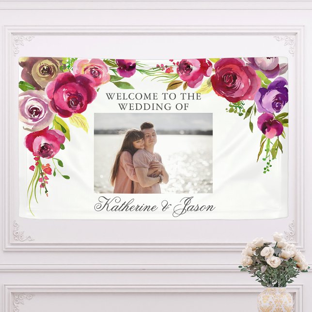 Fuchsia Pink Floral Romantic Photo Wedding Welcome Banner (Creator Uploaded)