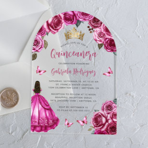 Fuchsia Pink Floral Roses Watercolor Quinceañera Acrylic Invitations