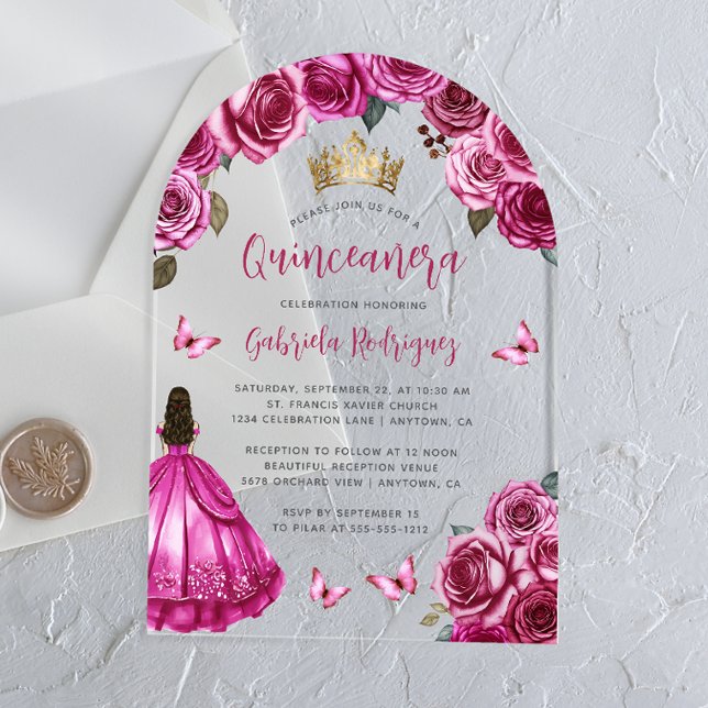 Fuchsia Pink Floral Roses Watercolor Quinceañera Acrylic Invitations (Creator Uploaded)