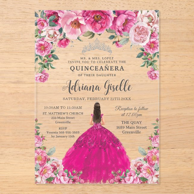 Fuchsia Pink Floral Silver Quinceanera XV Birthday Acrylic Invitations (Front)