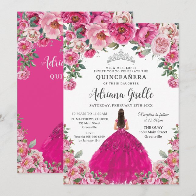 Fuchsia Pink Floral Silver Quinceanera XV Sweet 16 Invitation (Front/Back)