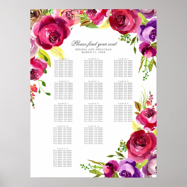 Fuchsia Pink Floral Spring Wedding Seating Chart (Front)