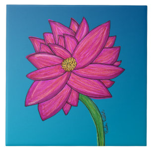 Fuchsia Pink Flower with blue background Ceramic Tile