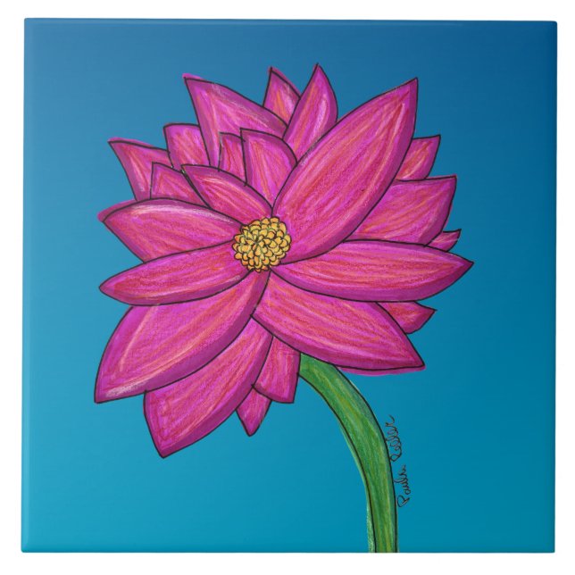 Fuchsia Pink Flower with blue background Ceramic Tile (Front)