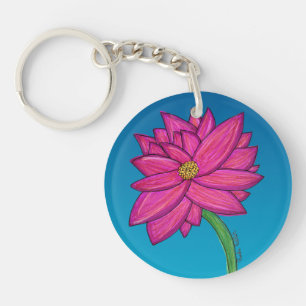 Fuchsia Pink Flower with Blue background Key Ring