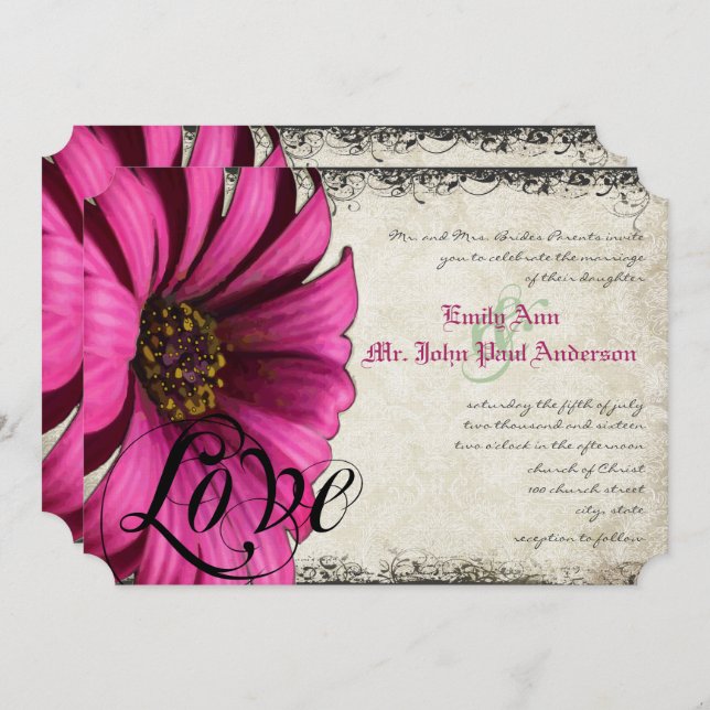 Fuchsia Pink Gerber Daisy Wedding Invitation (Front/Back)
