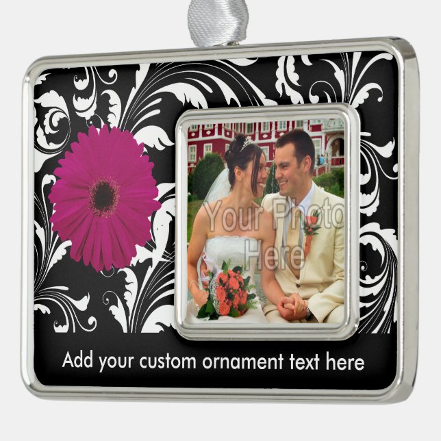 Fuchsia Pink Gerbera Daisy Black/White Swirl Girly Silver Plated Framed Ornament (Left)