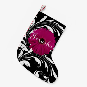 Fuchsia Pink Gerbera Daisy Black/White Swirl Girly Small Christmas Stocking