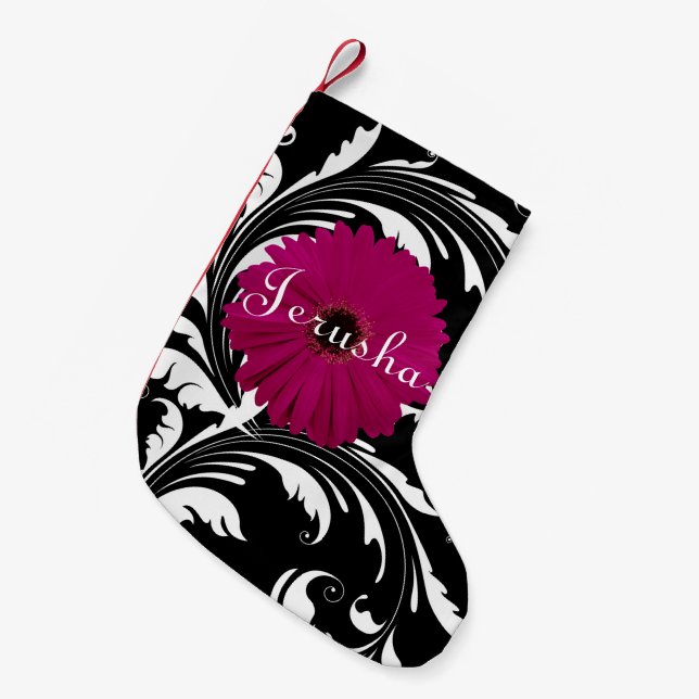 Fuchsia Pink Gerbera Daisy Black/White Swirl Girly Small Christmas Stocking (Front (Hanging))