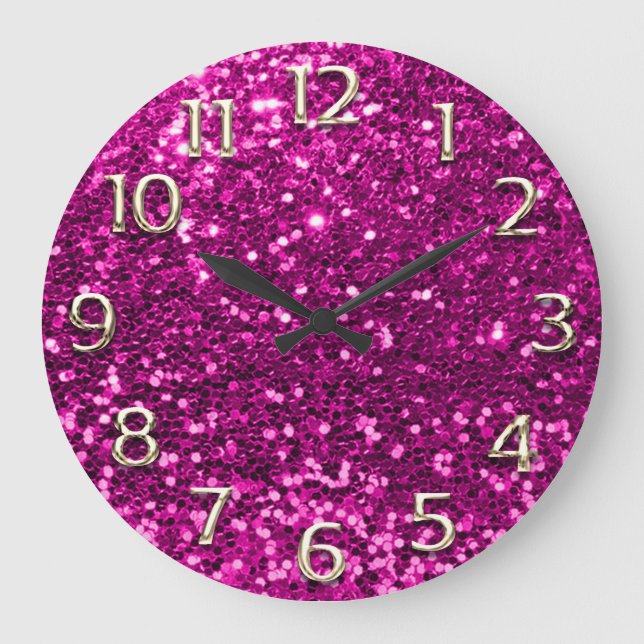 Fuchsia Pink Glitter Arabic Numbers Champaigne Large Clock (Front)