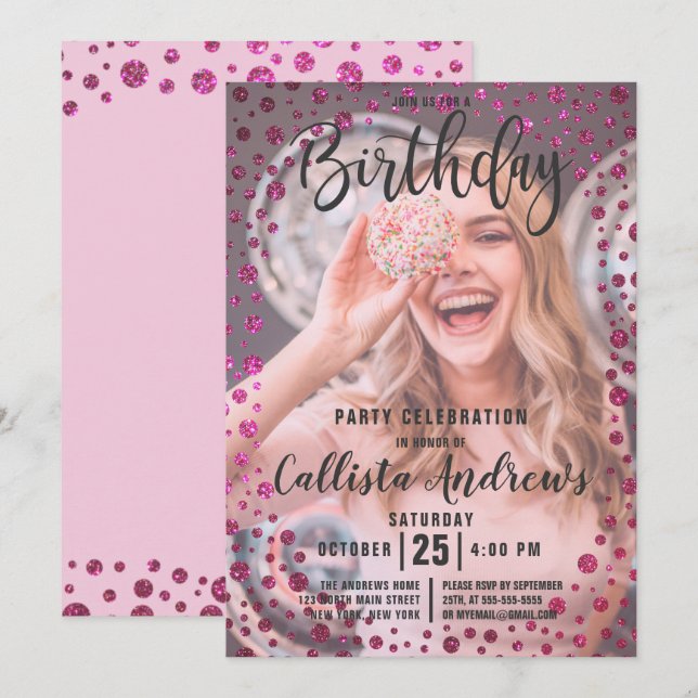Fuchsia Pink  Glitter Confetti Photo Birthday Invitation (Front/Back)