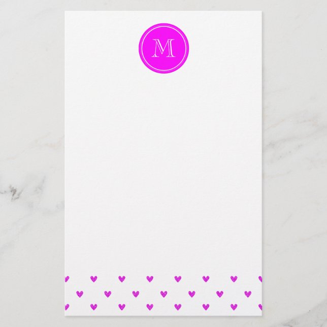 Fuchsia Pink Glitter Hearts with Monogram Stationery (Front)