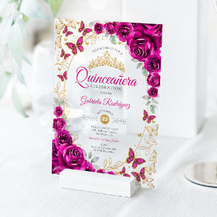 Fuchsia Pink Gold Floral Quinceanera Acrylic Invitations