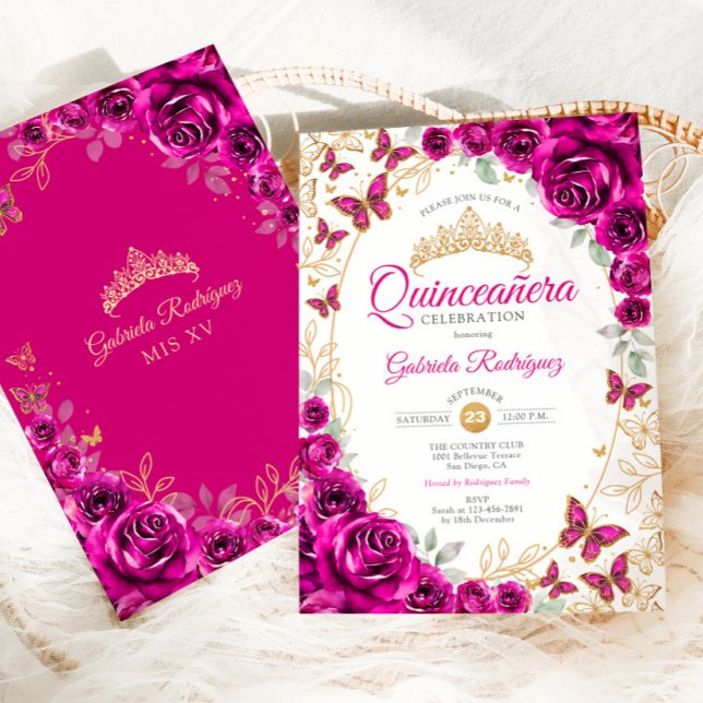 Fuchsia Pink Gold Floral Quinceanera Invitation (Creator Uploaded)