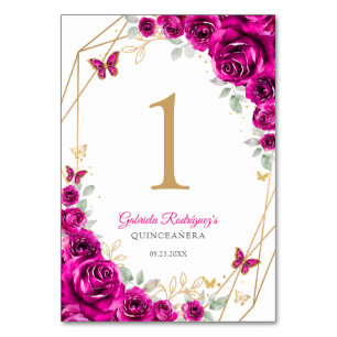 Fuchsia Pink Gold Floral Quinceanera Table Number