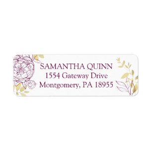 Fuchsia Pink & Gold Peony Floral Return Address Label
