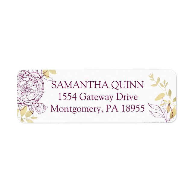 Fuchsia Pink & Gold Peony Floral Return Address Label (Front)