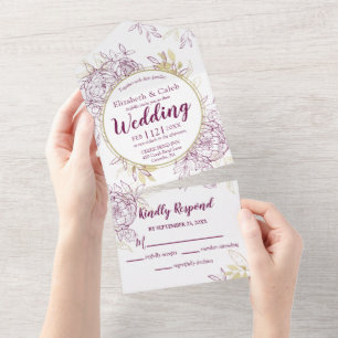 Fuchsia Pink & Gold Peony Floral Toile All In One All In One Invitation