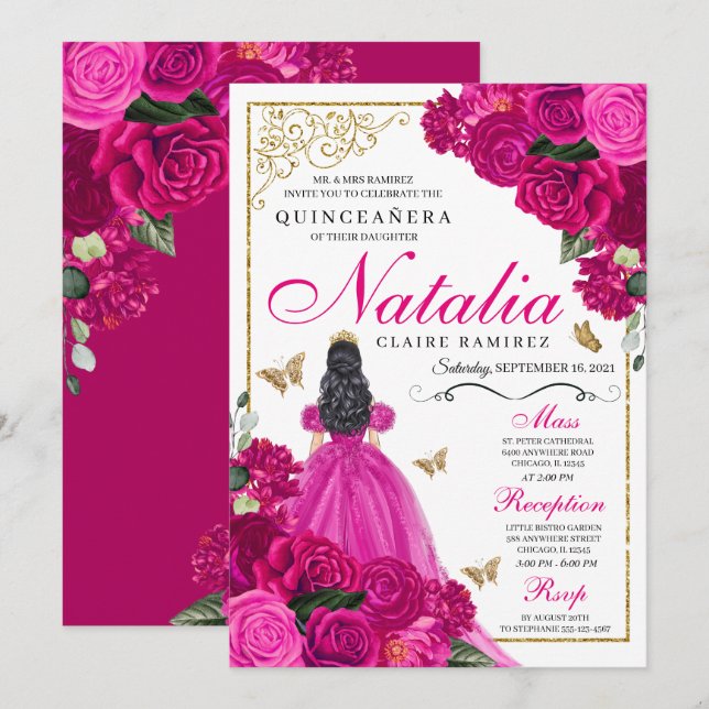Fuchsia Pink Gold Princess Butterflies Quinceañera Invitation (Front/Back)
